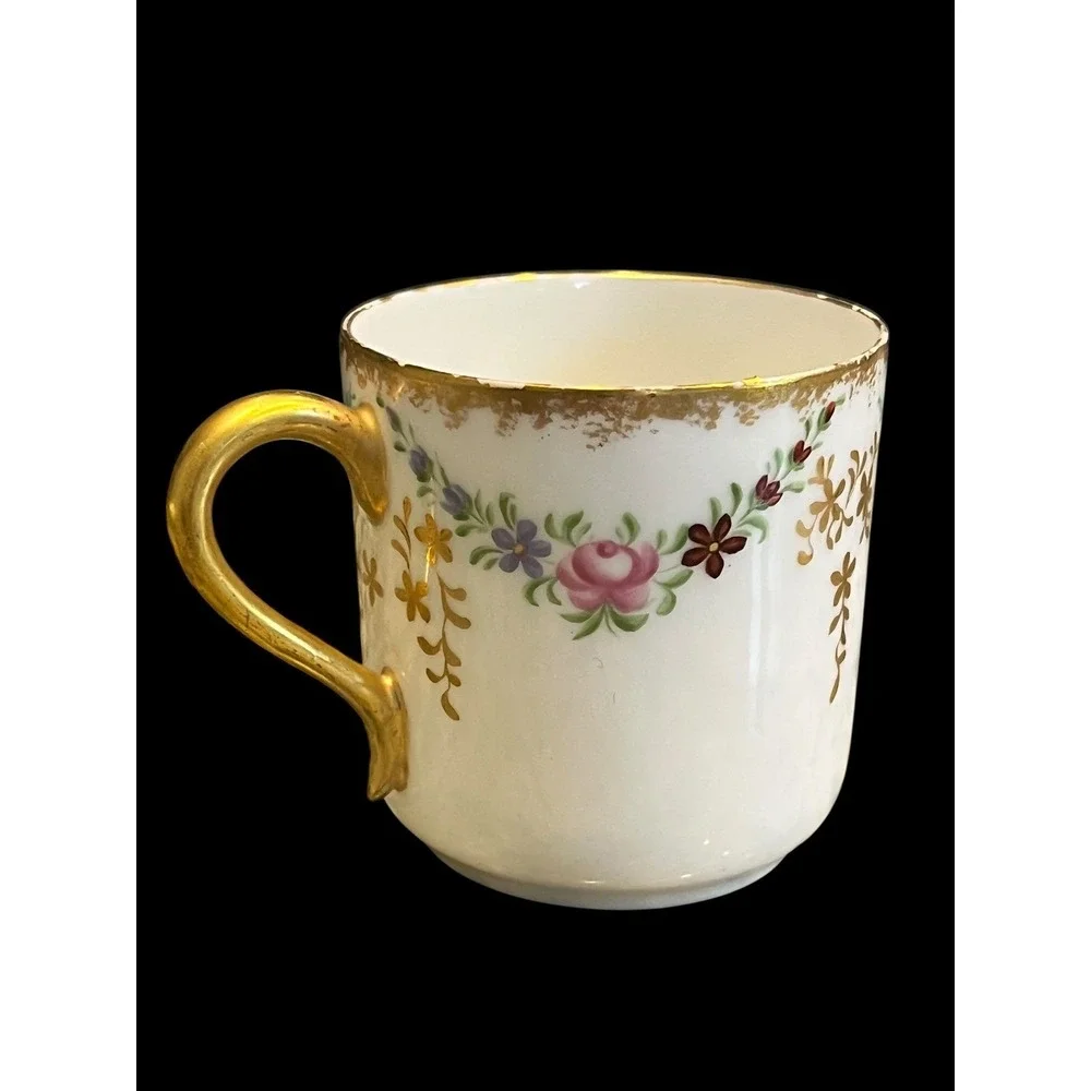 Haviland & Co Limoges France Floral Gold Gilt Demitasse Cup and Saucer Set